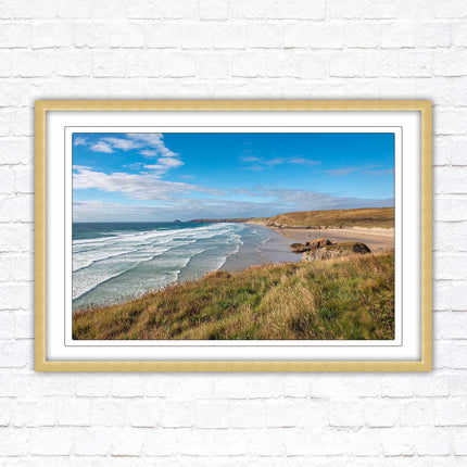 Perranporth beach north cornwall sea view. framed picture print Beach seascape