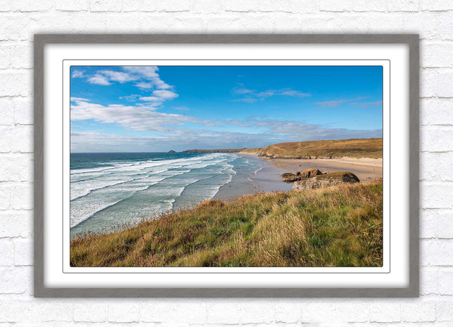 Perranporth beach north cornwall sea view. framed picture print Beach seascape