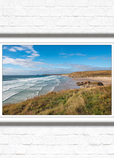Perranporth beach north cornwall sea view. framed picture print Beach seascape