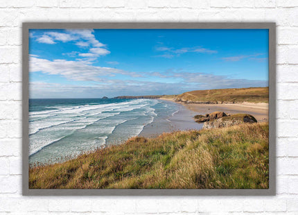 Perranporth beach north cornwall sea view. framed picture print Beach seascape