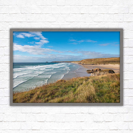 Perranporth beach north cornwall sea view. framed picture print Beach seascape