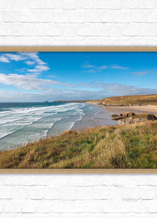 Perranporth beach north cornwall sea view. framed picture print Beach seascape