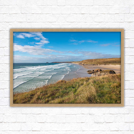Perranporth beach north cornwall sea view. framed picture print Beach seascape
