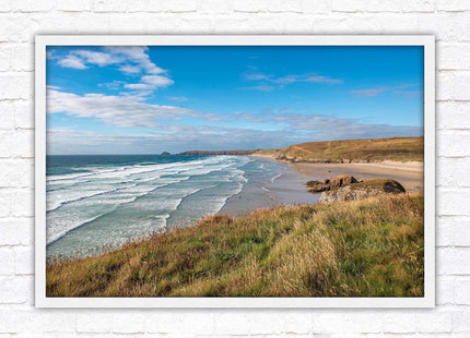 Perranporth beach north cornwall sea view. framed picture print Beach seascape