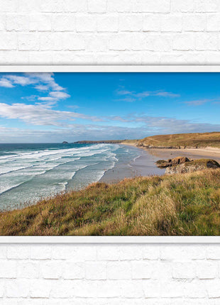Perranporth beach north cornwall sea view. framed picture print Beach seascape