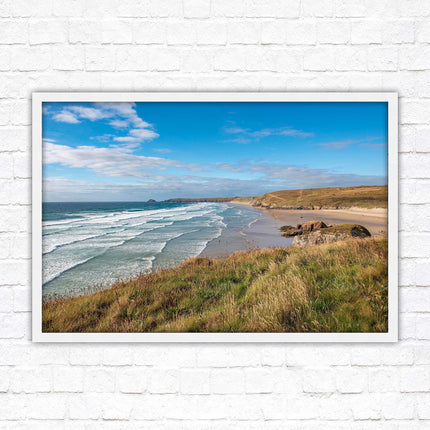 Perranporth beach north cornwall sea view. framed picture print Beach seascape