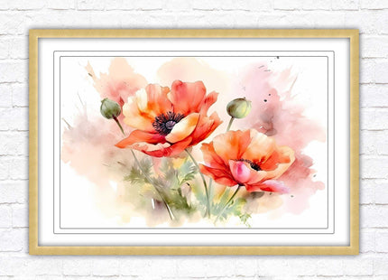 Poppies watercolour image. Framed picture print with choice of frame colours