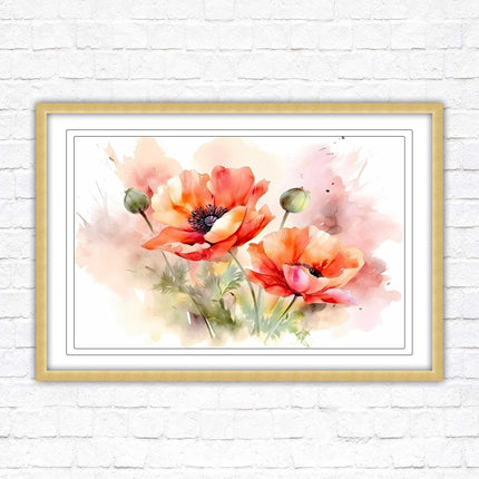 Poppies watercolour image. Framed picture print with choice of frame colours
