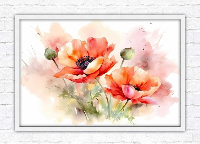 Poppies watercolour image. Framed picture print with choice of frame colours