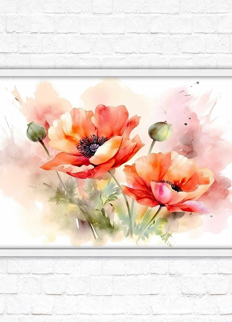Poppies watercolour image. Framed picture print with choice of frame colours