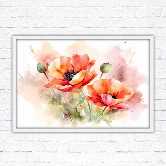 Poppies watercolour image. Framed picture print with choice of frame colours