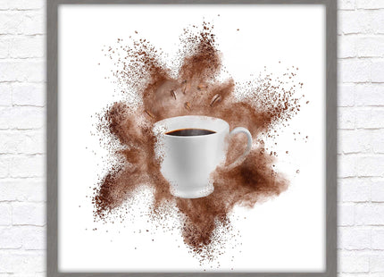 Coffee cup.Bean splash. Framed picture print. Choice of frames colours, square.