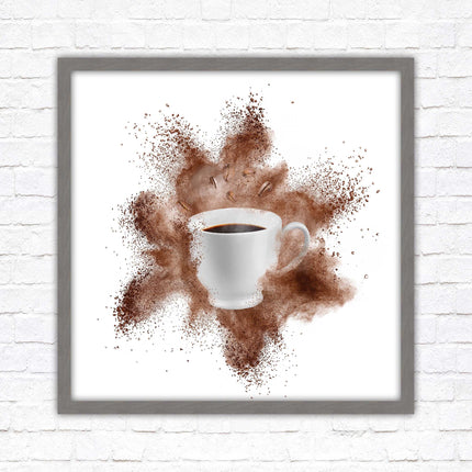 Coffee cup.Bean splash. Framed picture print. Choice of frames colours, square.
