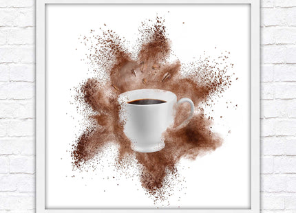 Coffee cup.Bean splash. Framed picture print. Choice of frames colours, square.
