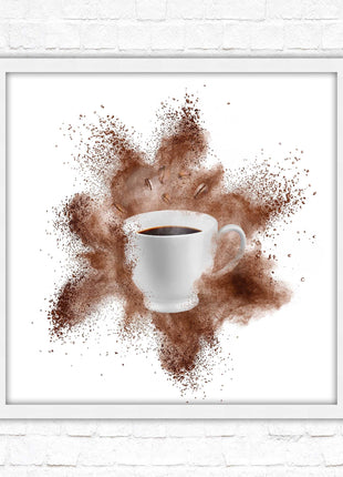 Coffee cup.Bean splash. Framed picture print. Choice of frames colours, square.