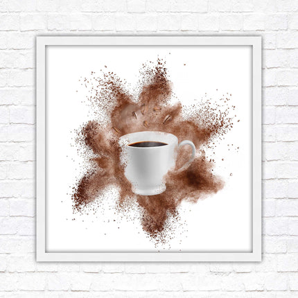 Coffee cup.Bean splash. Framed picture print. Choice of frames colours, square.