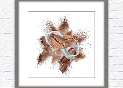 Coffee Bean splash. Framed picture print. A choice of frames and sizes, square.