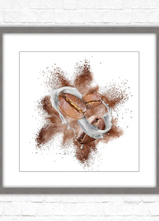 Coffee Bean splash. Framed picture print. A choice of frames and sizes, square.