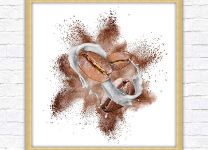 Coffee Bean splash. Framed picture print. A choice of frames and sizes, square.