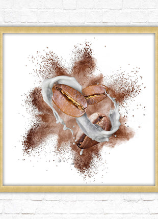 Coffee Bean splash. Framed picture print. A choice of frames and sizes, square.