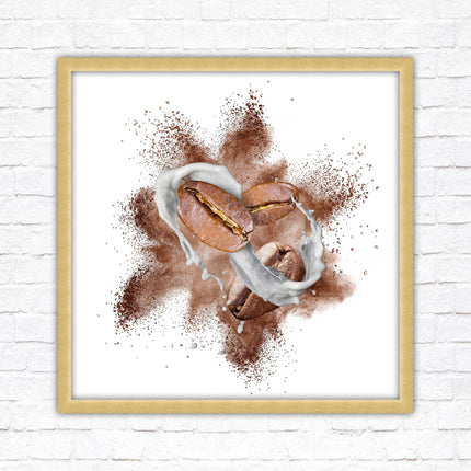 Coffee Bean splash. Framed picture print. A choice of frames and sizes, square.