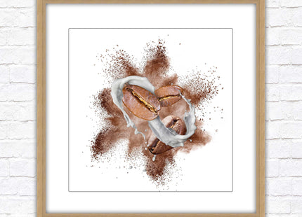 Coffee Bean splash. Framed picture print. A choice of frames and sizes, square.
