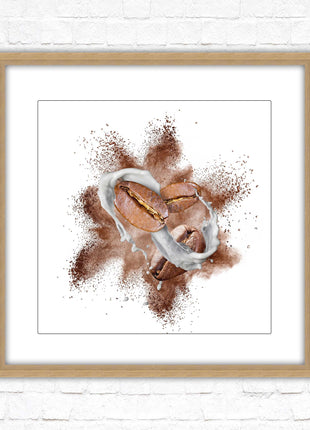 Coffee Bean splash. Framed picture print. A choice of frames and sizes, square.