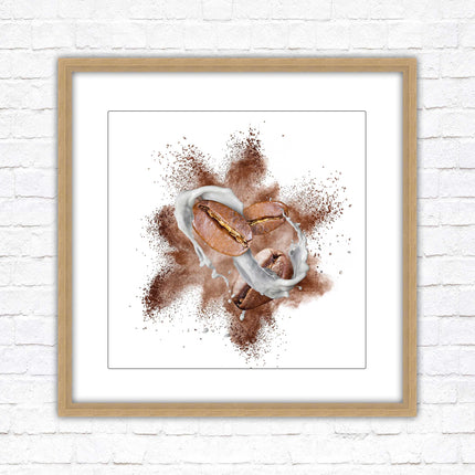 Coffee Bean splash. Framed picture print. A choice of frames and sizes, square.