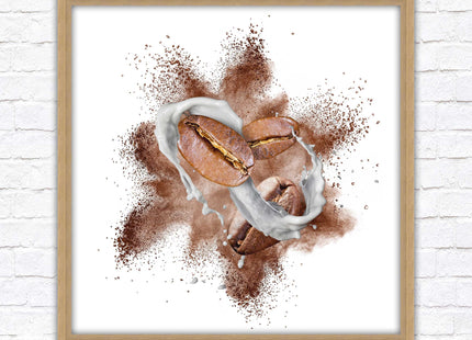 Coffee Bean splash. Framed picture print. A choice of frames and sizes, square.