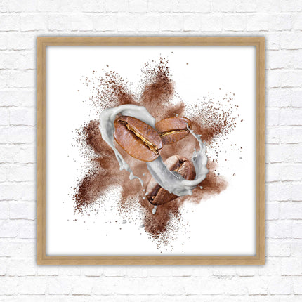 Coffee Bean splash. Framed picture print. A choice of frames and sizes, square.