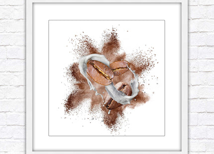 Coffee Bean splash. Framed picture print. A choice of frames and sizes, square.