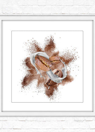 Coffee Bean splash. Framed picture print. A choice of frames and sizes, square.