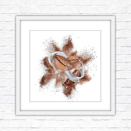 Coffee Bean splash. Framed picture print. A choice of frames and sizes, square.