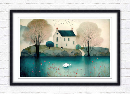 House in the trees. Watercolour landscape. Framed picture choice of colour