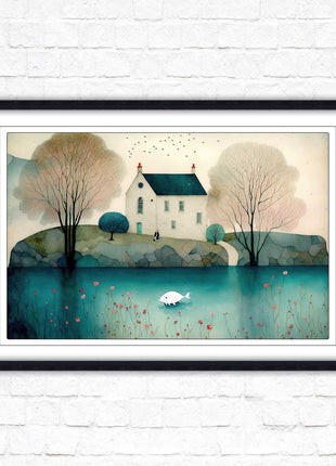 House in the trees. Watercolour landscape. Framed picture choice of colour