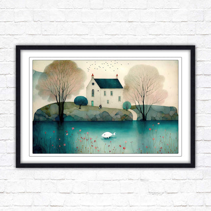 House in the trees. Watercolour landscape. Framed picture choice of colour