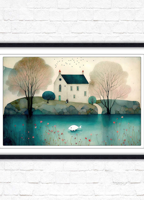 House in the trees. Watercolour landscape. Framed picture choice of colour