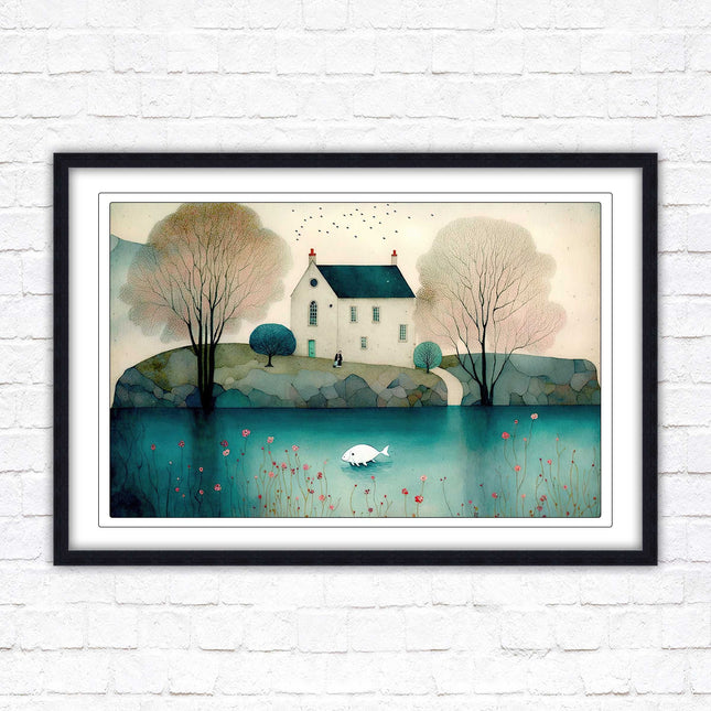 House in the trees. Watercolour landscape. Framed picture choice of colour