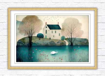House in the trees. Watercolour landscape. Framed picture choice of colour