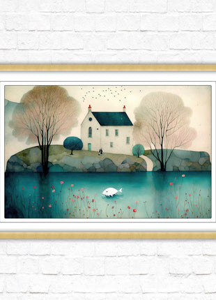 House in the trees. Watercolour landscape. Framed picture choice of colour