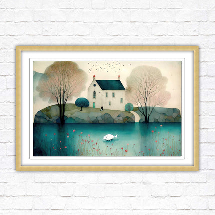 House in the trees. Watercolour landscape. Framed picture choice of colour
