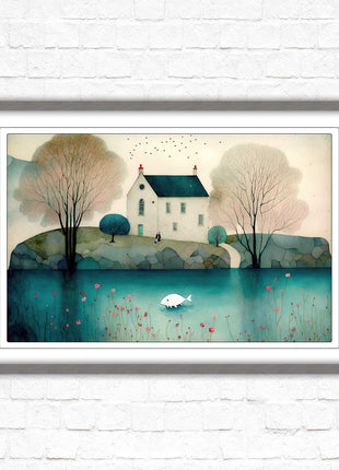 House in the trees. Watercolour landscape. Framed picture choice of colour
