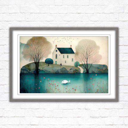 House in the trees. Watercolour landscape. Framed picture choice of colour