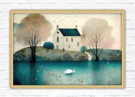 House in the trees. Watercolour landscape. Framed picture choice of colour