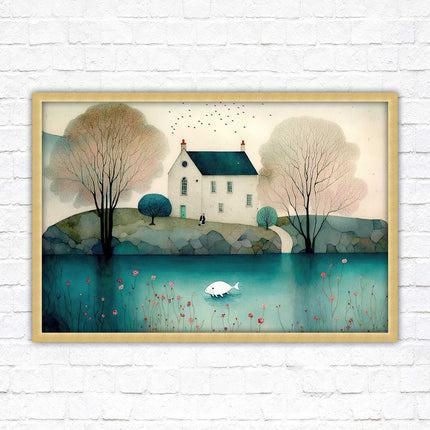 House in the trees. Watercolour landscape. Framed picture choice of colour