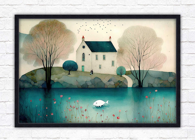 House in the trees. Watercolour landscape. Framed picture choice of colour