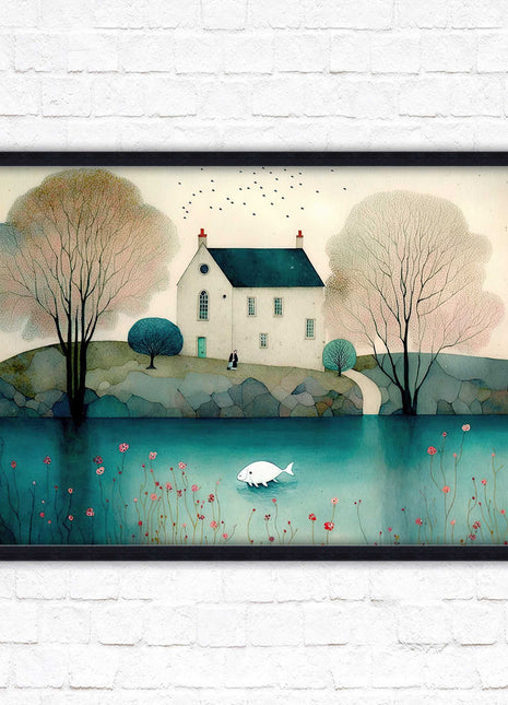 House in the trees. Watercolour landscape. Framed picture choice of colour