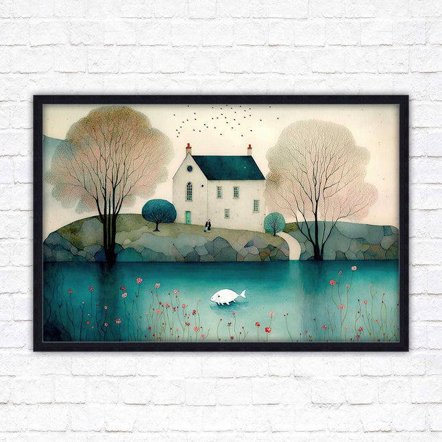 House in the trees. Watercolour landscape. Framed picture choice of colour