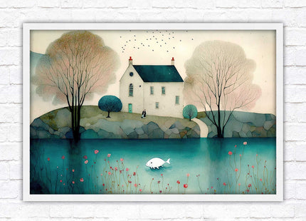 House in the trees. Watercolour landscape. Framed picture choice of colour