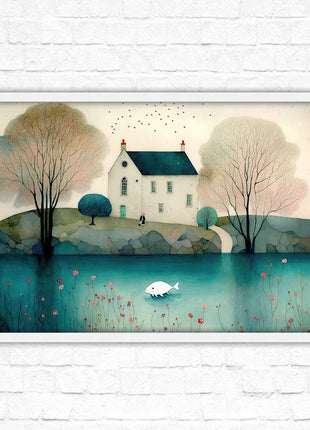 House in the trees. Watercolour landscape. Framed picture choice of colour